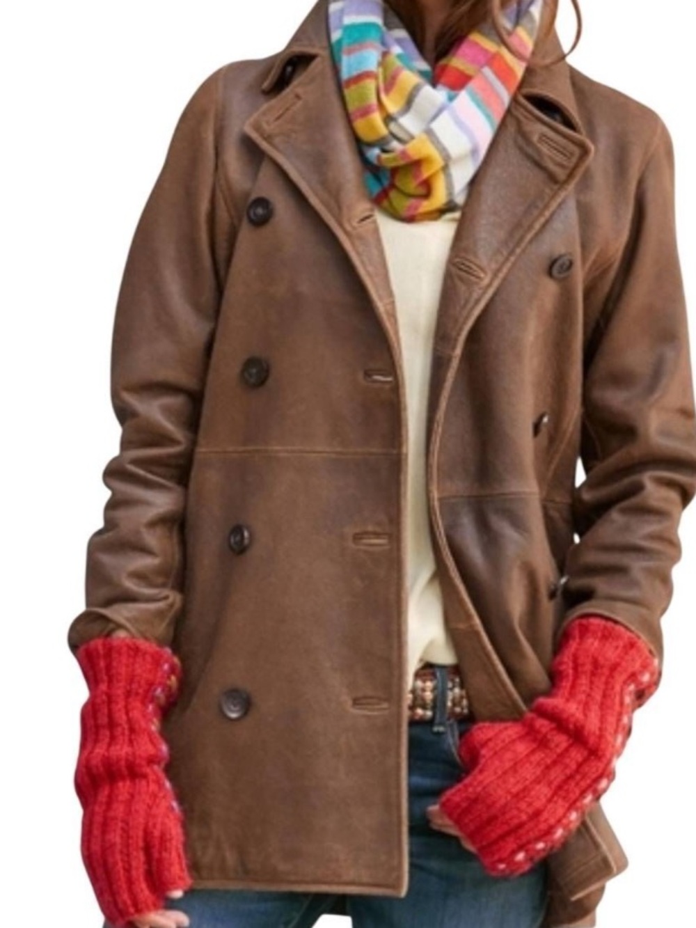 Sundance | Kirsten Double Breasted Weathered Suede Cognac Peacoat Jacket